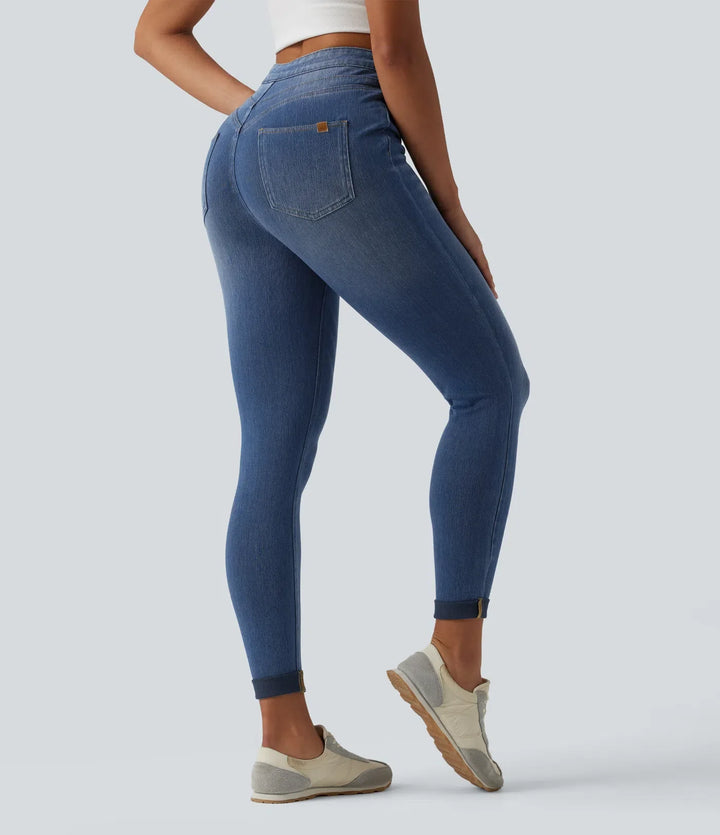 Lyckera Flex högmidjad magkontroll denim vardagsleggings med fickor