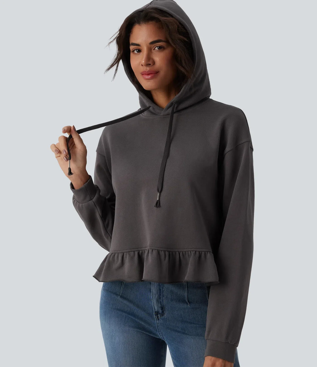 Med huva dragsko långärmad volangfåll vardaglig bomull sweatshirt