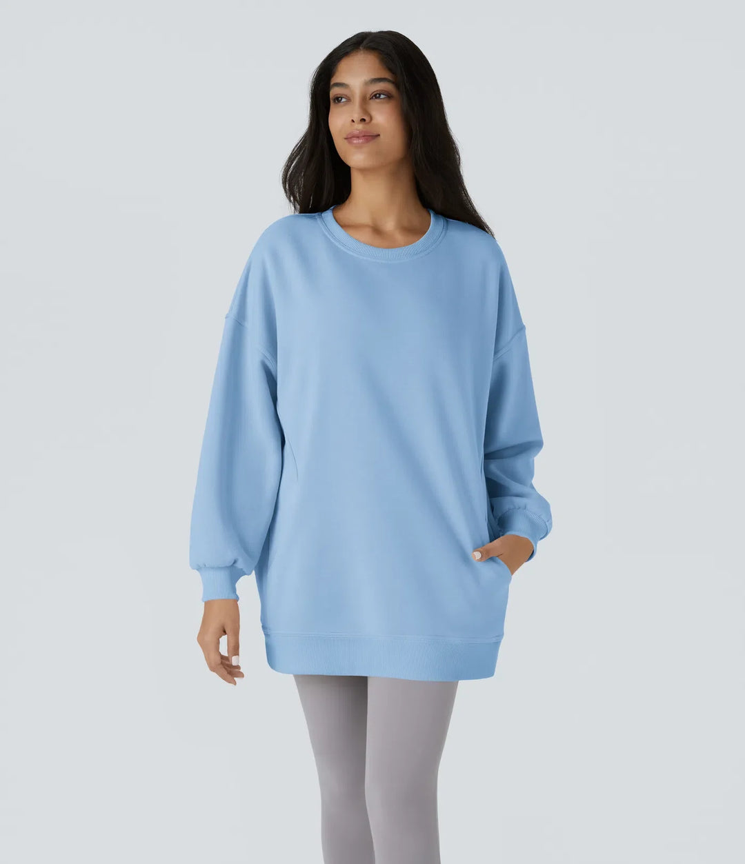 Rund halsringning långärmad ficka oversize fleece vardaglig collegetröja