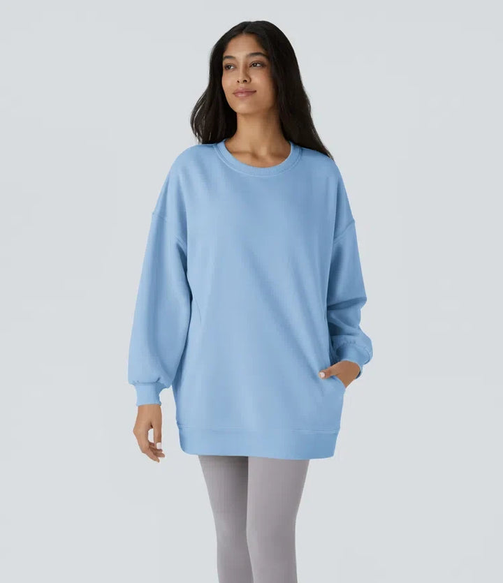 Rund hals långärmad ficka oversized fleece vardaglig sweatshirt