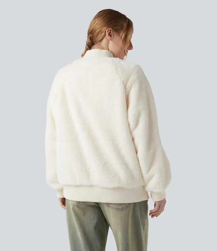 Dragkedja långärmad vardaglig sherpa bomber jacka med fickor