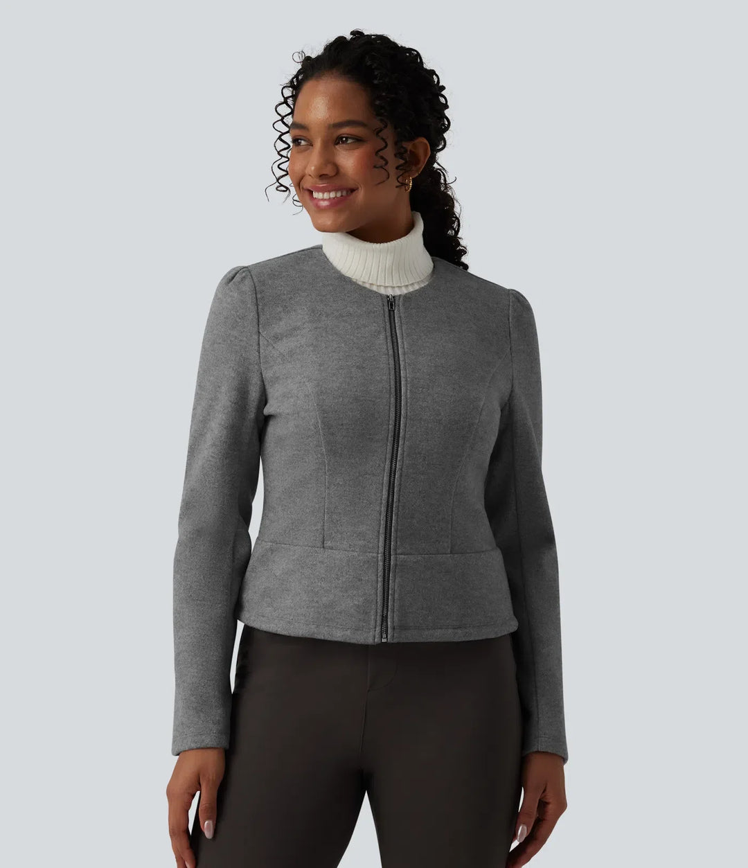 Rund hals långärmad dragkedja fleece arbetsjacka