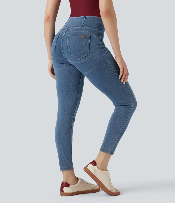 Lyckera Flex högmidjad rumplyftande magkontroll skinny denim vardaglig 7/8 leggings med fickor