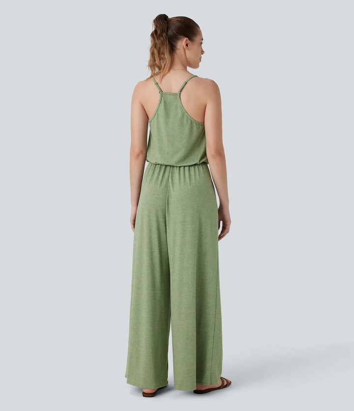 Justerbar och avtagbar rem ficka vida ben jumpsuit
