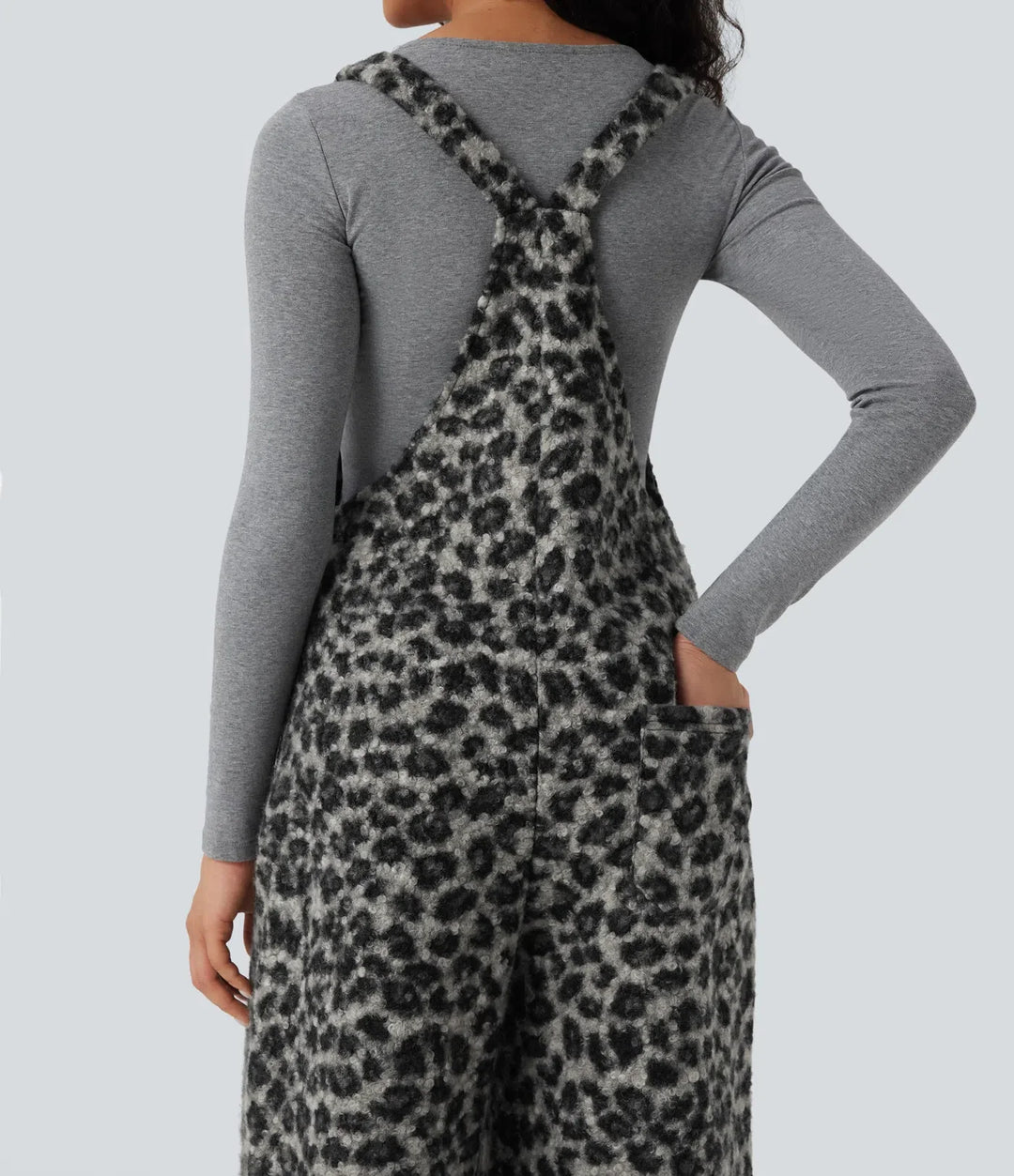 Fyrkantig halsringning leopardmönster teddy vardaglig baggy overall med fickor