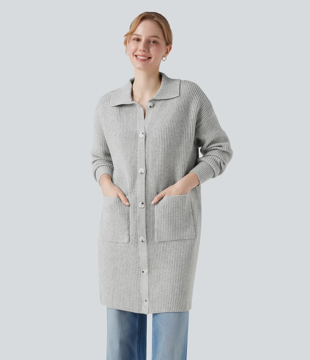 Krage långärmad knapp gylf vardaglig lång modell cardigan med fickor