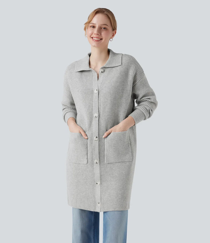 Krage långärmad knapp gylf vardaglig lång modell cardigan med fickor
