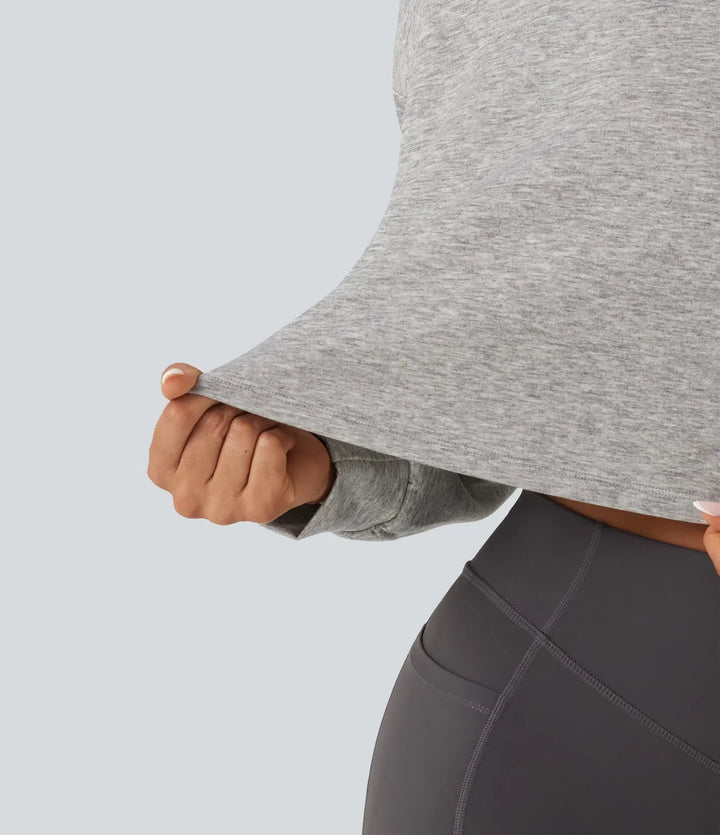 Halvpolo långärmad avslappnad croppad vardaglig sweatshirt