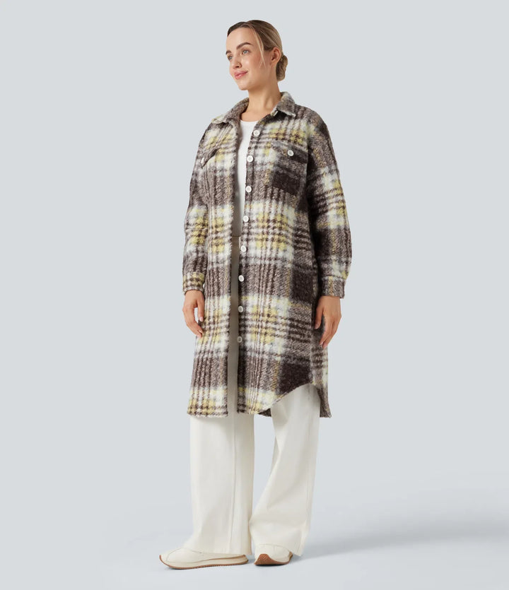 Långärmad rutig lång modell vardaglig sherpajacka med fickor