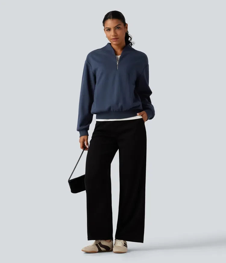 Ståkrage långärmad vardaglig bomull sweatshirt med fickor