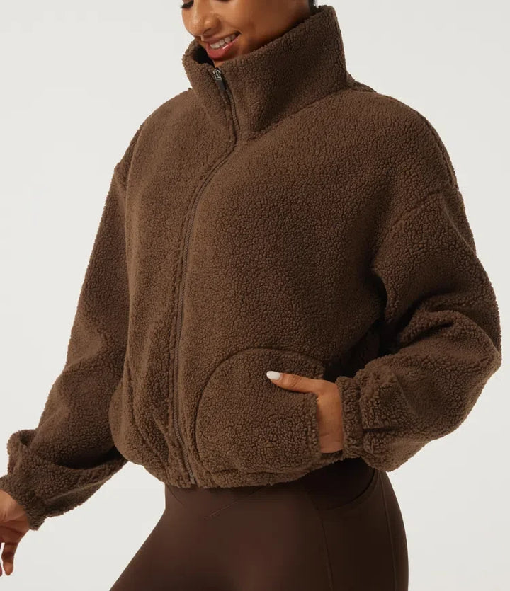 Polokrage långärmad yoga sherpajacka med fickor
