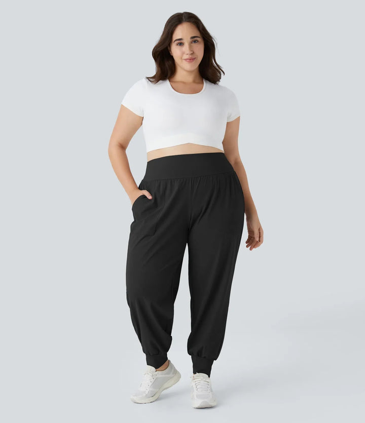 Med hög midja enfärgad ficka yoga plusstorlek joggingbyxor