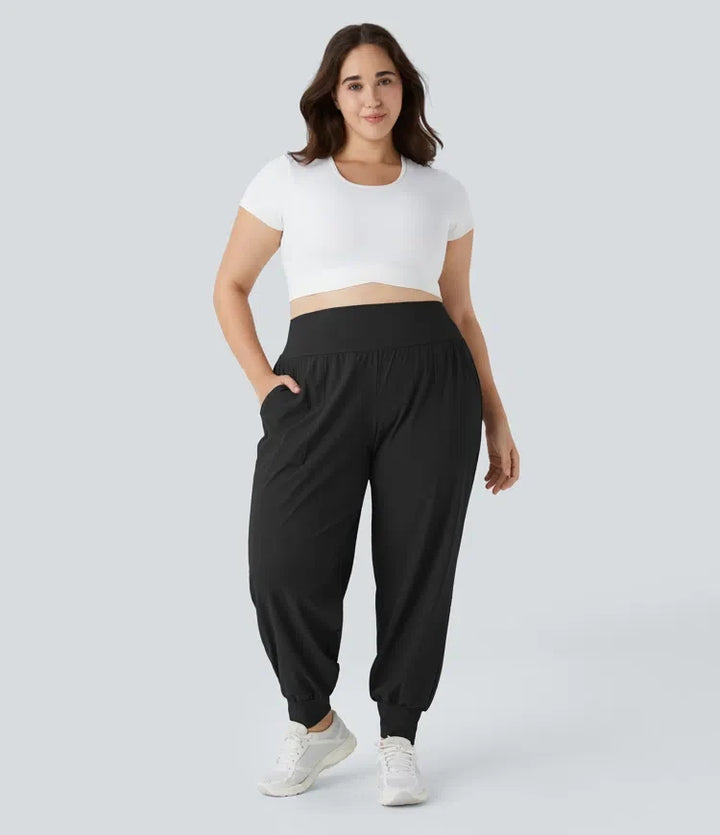Med hög midja enfärgad ficka yoga plusstorlek joggingbyxor