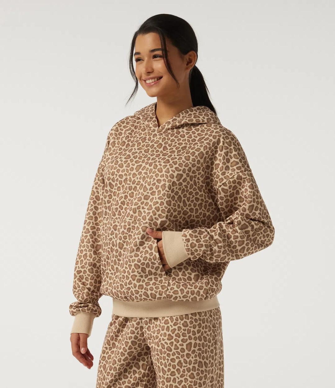 Med huva långärmad leopardmönster vardaglig sweatshirt med ficka