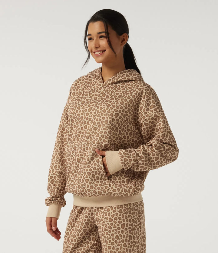 Med huva långärmad leopardmönster vardaglig sweatshirt med ficka