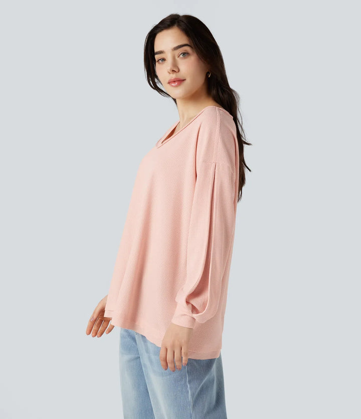 Djup rund halsringning långärmad våffelstruktur vardaglig sweatshirt