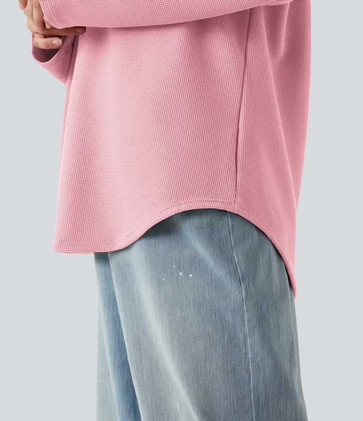 Med huva dragsko långärmad rundad fåll våffelstruktur vardaglig sweatshirt med ficka