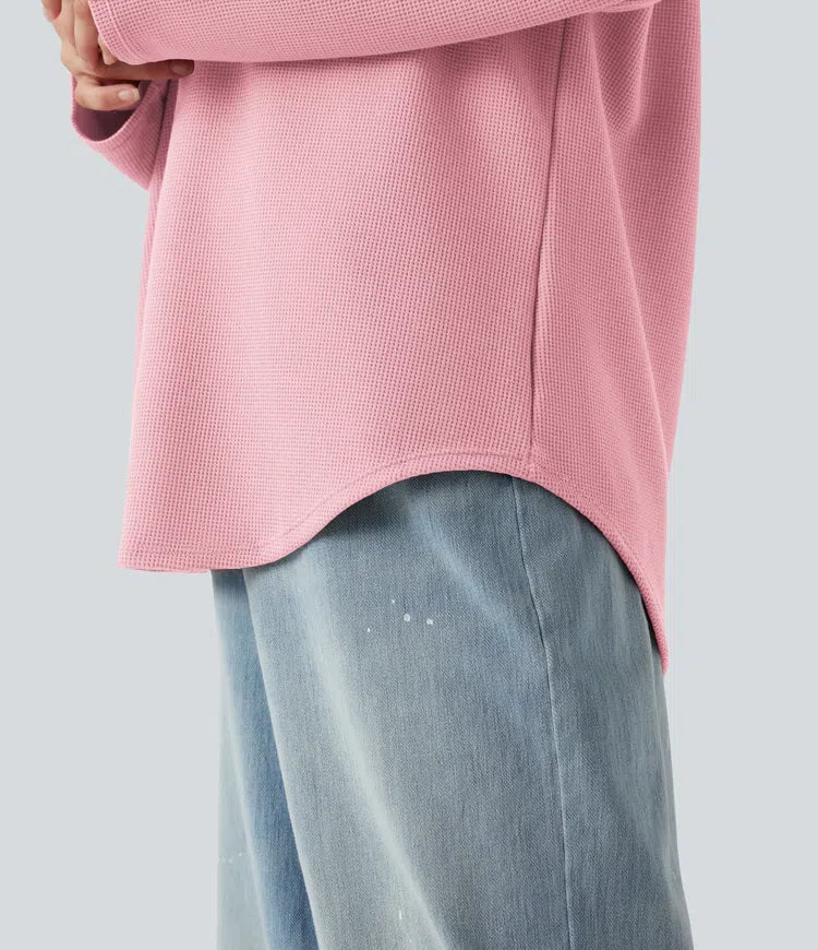 Med huva dragsko långärmad rundad fåll våffelstruktur vardaglig sweatshirt med ficka