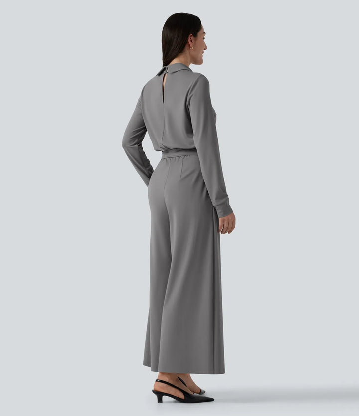 V-ringad långärmad vida ben arbetsjumpsuit med fickor-Easy Peezy Edition