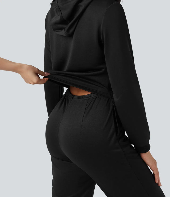 Med huva långärmad vardaglig jogger jumpsuit med fickor-Easy Peezy Edition