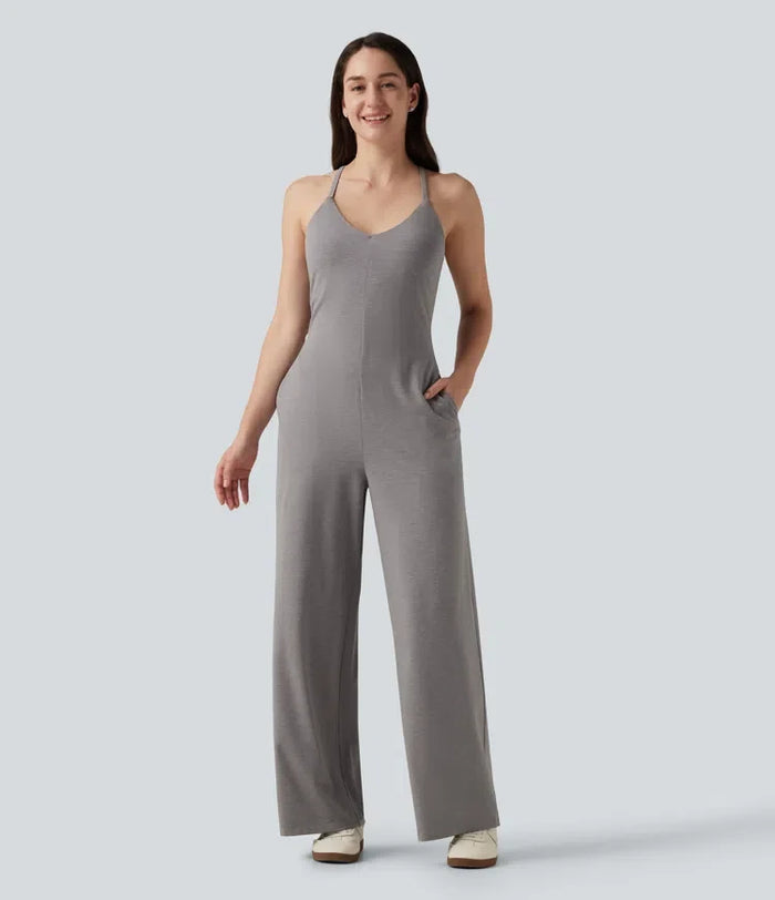 U-ringad ärmlös korsad rygg vardaglig raka ben jumpsuit med fickor