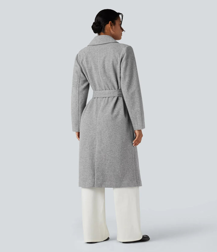 Långärmad bältad lång modell fleece vardaglig kappa med fickor