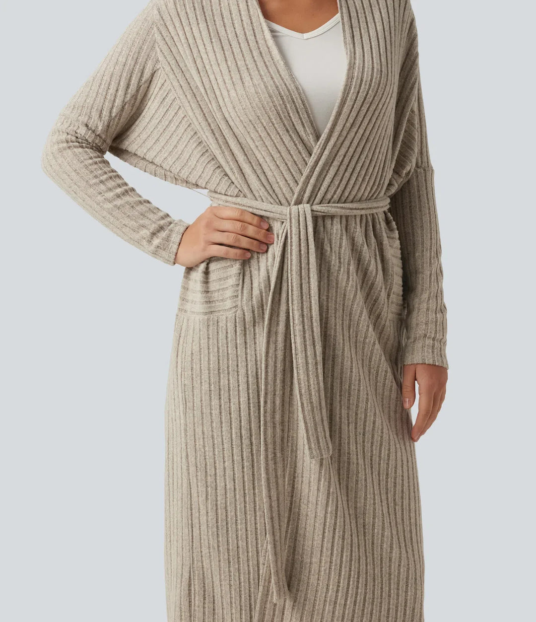 Ribbstickad lång fladdermusärm bältad vardaglig lång modell cardigan