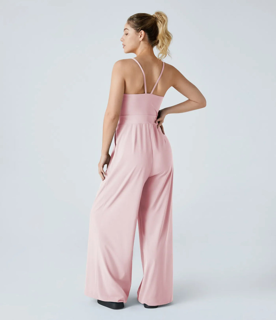 V-ringad rygglös dold dragkedja 2-i-1 vardaglig slip baggy jumpsuit med fickor