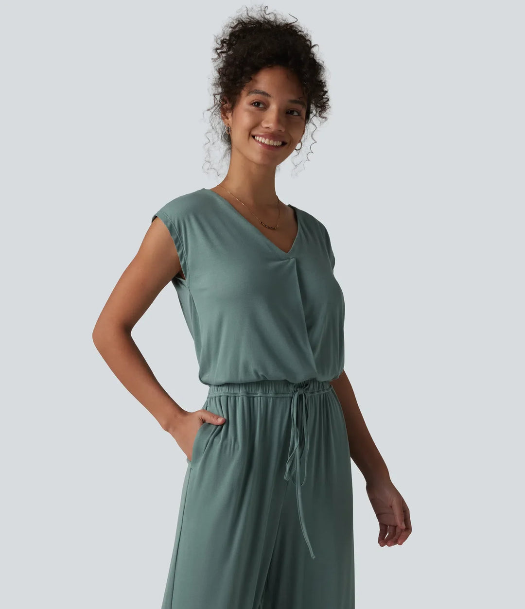 V-ringning ärmlös dragsko jumpsuit för vardag med fickor – Easy Peezy