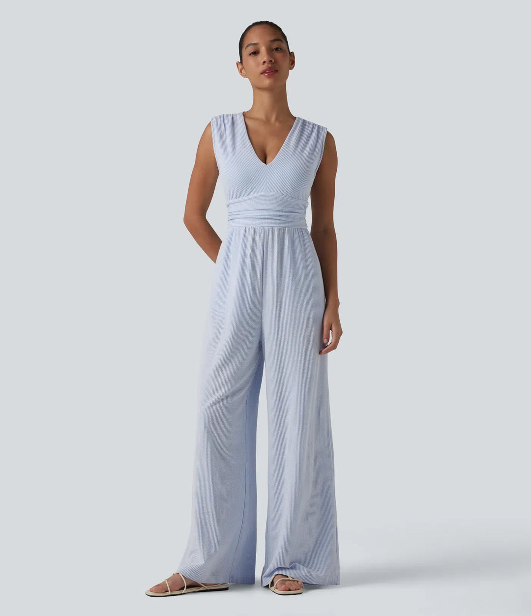 V-ringning ärmlös inbyggd bh rand jumpsuit för vardag med fickor – Easy Peezy-utgåva