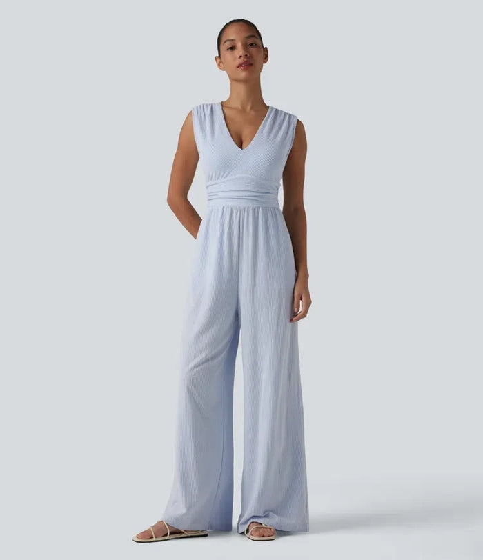 V-ringning ärmlös inbyggd bh rand jumpsuit för vardag med fickor – Easy Peezy-utgåva