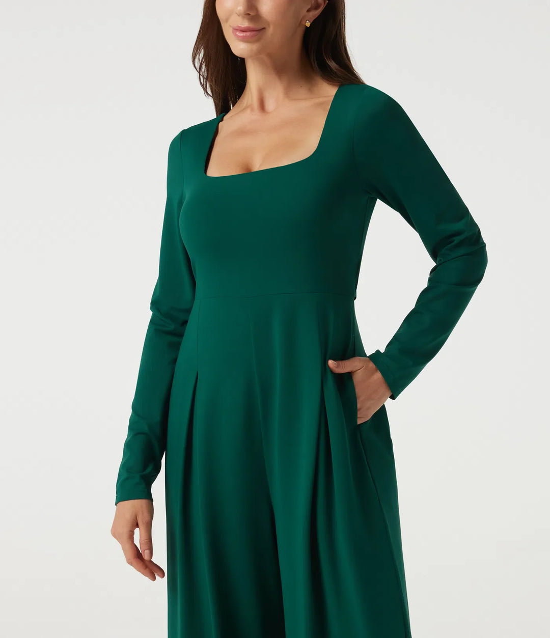 Fyrkantig halsringning långärmad inbyggd BH vida ben vardaglig jumpsuit med fickor-Easy Peezy Edition