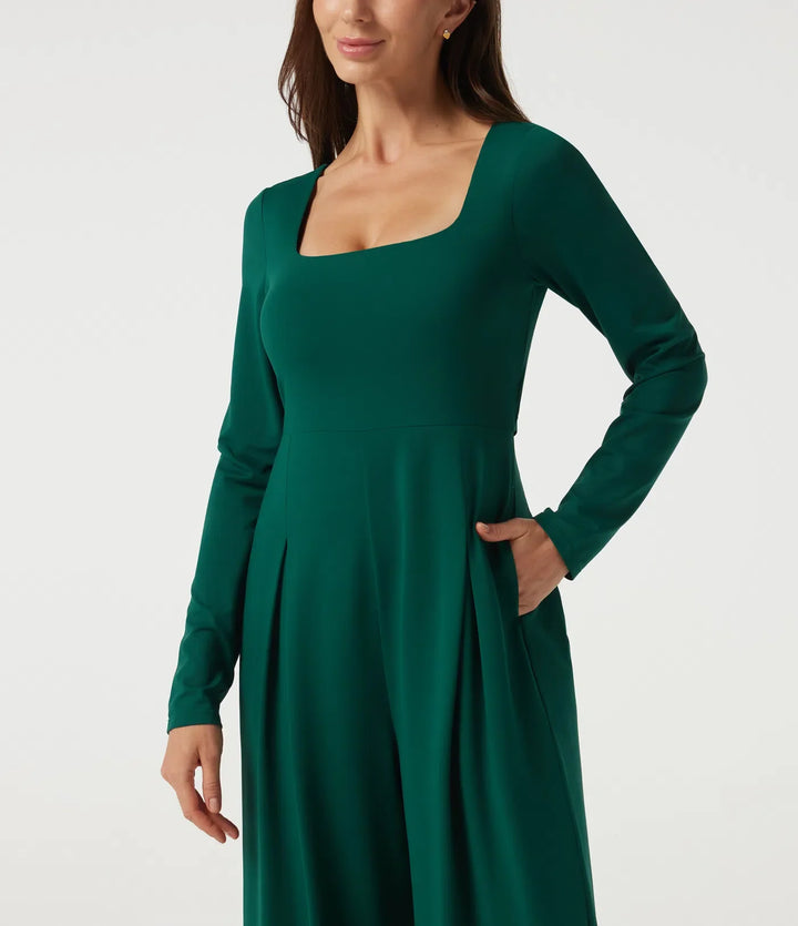 Fyrkantig halsringning långärmad inbyggd BH vida ben vardaglig jumpsuit med fickor-Easy Peezy Edition