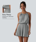 Halterneck ärmlös knytning i ryggen veckad vardaglig playsuit med fickor-Easy Peezy