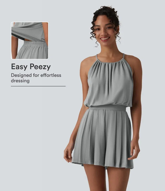 Halterneck ärmlös knytning i ryggen veckad vardaglig playsuit med fickor-Easy Peezy