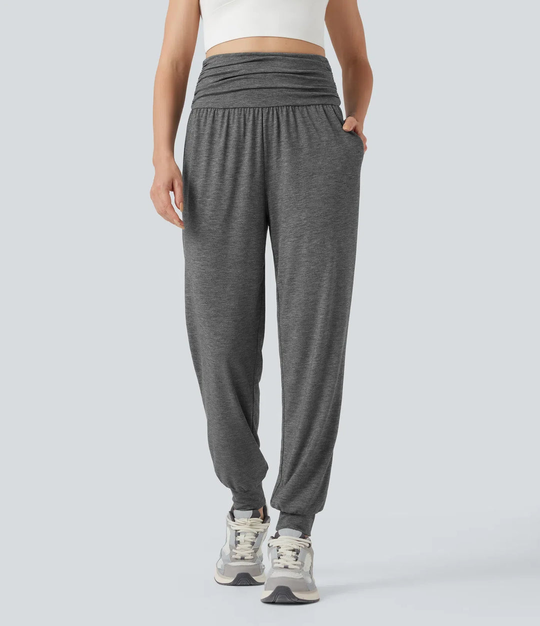 Med hög midja rynklad melerad yoga joggingbyxor med fickor
