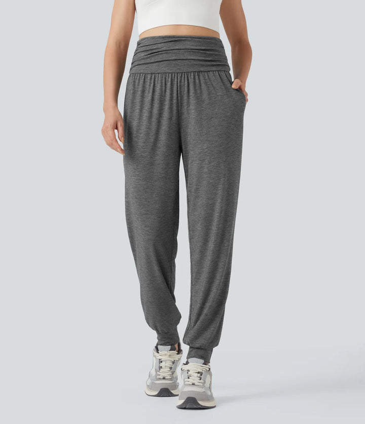Med hög midja rynklad melerad yoga joggingbyxor med fickor