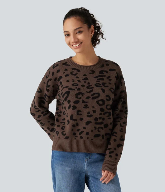 Rund hals leopardmönster långärmad vardaglig tröja