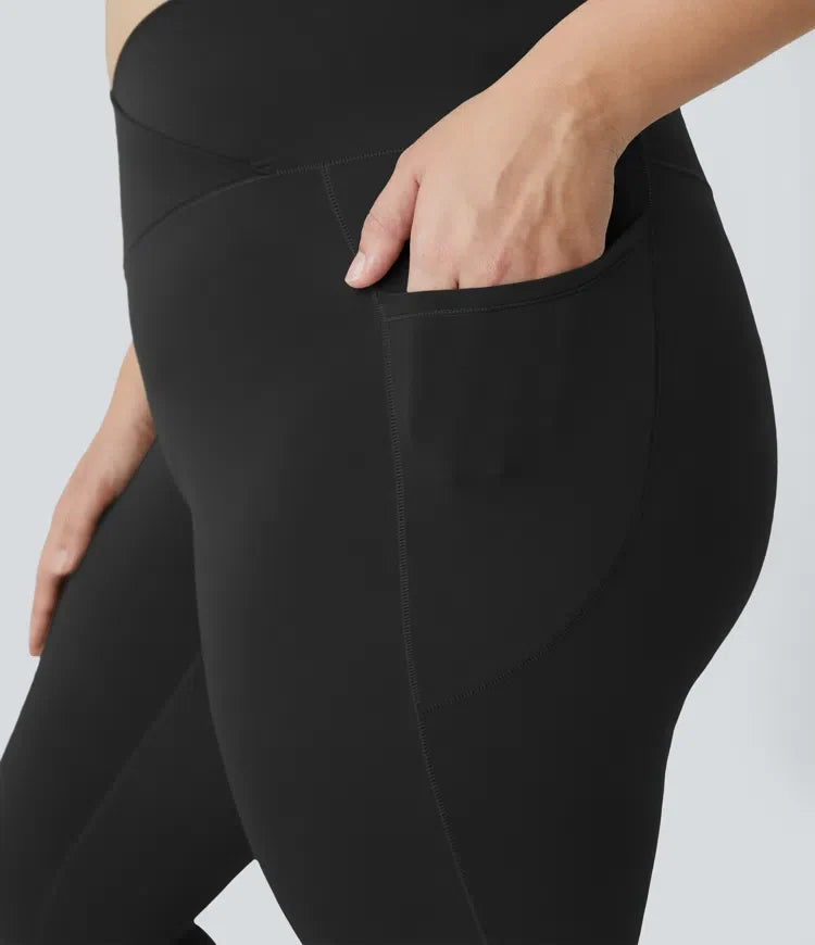 SoftlyZero med hög midja, omlottmidja och ficka enfärgad plusstorlek fullängd leggings