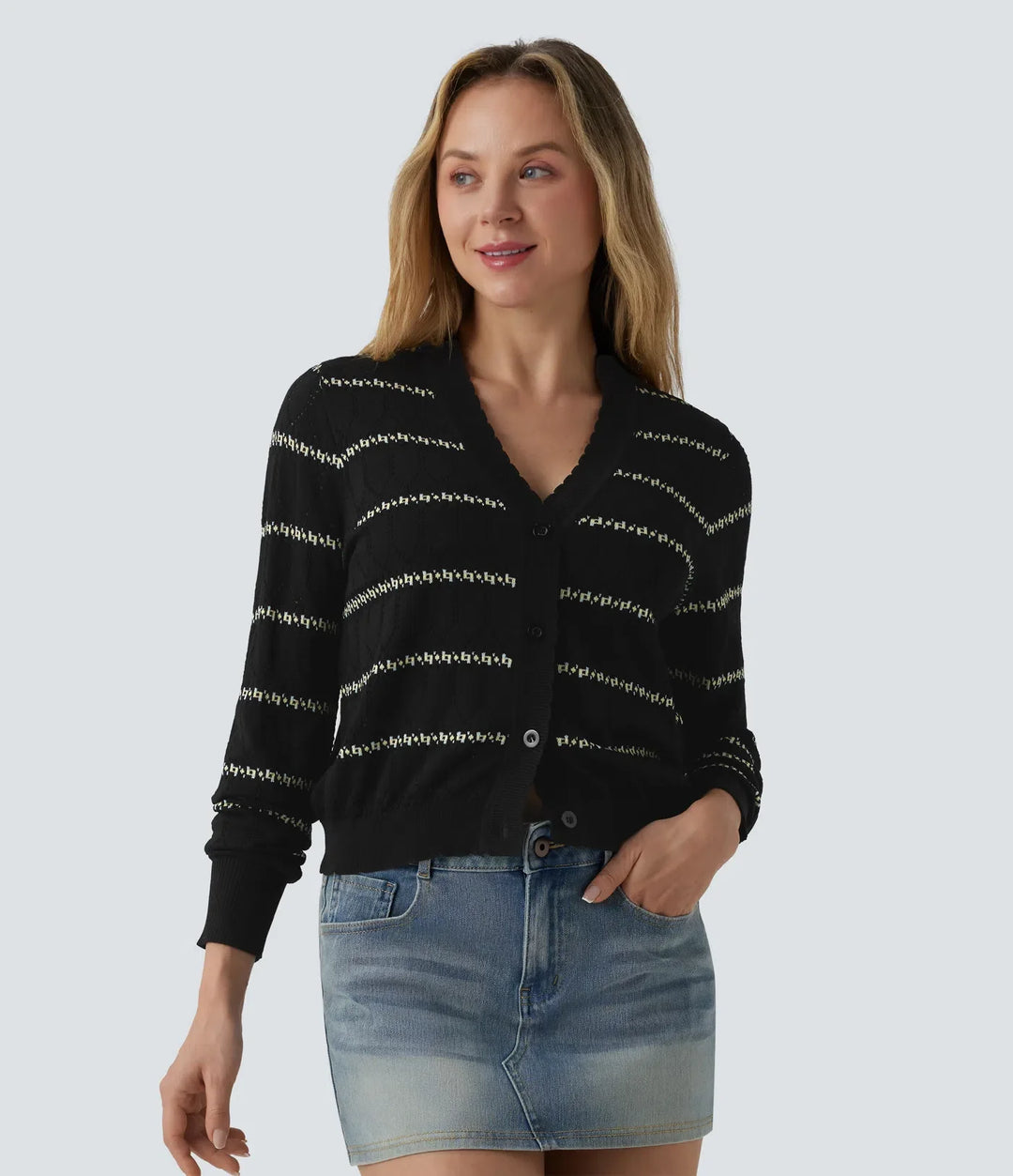 V-ringad långärmad färgblock tröja stickad cardigan