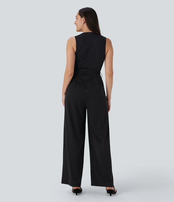 V-ringad ärmlös bältad randig InstantCool arbetsjumpsuit med fickor-Easy Peezy