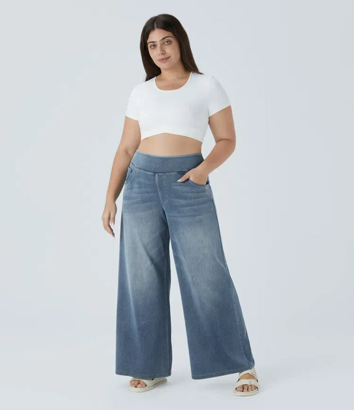 Lyckera Flex högmidjad fickor baggy vida ben tvättad vardaglig plusstorlek jeans