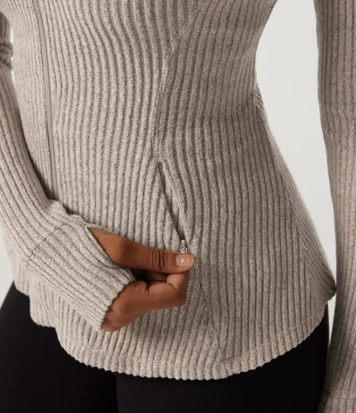 Ribbstickad halvpolo långärmad yoga träningsjacka med fickor
