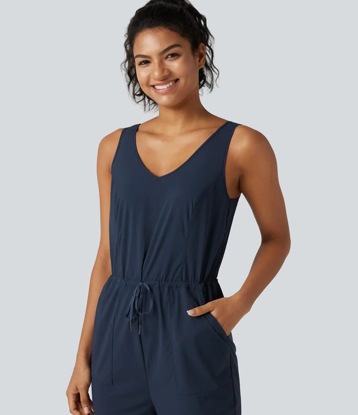 V-ringad dragsko rundad fåll vandring jumpsuit med fickor