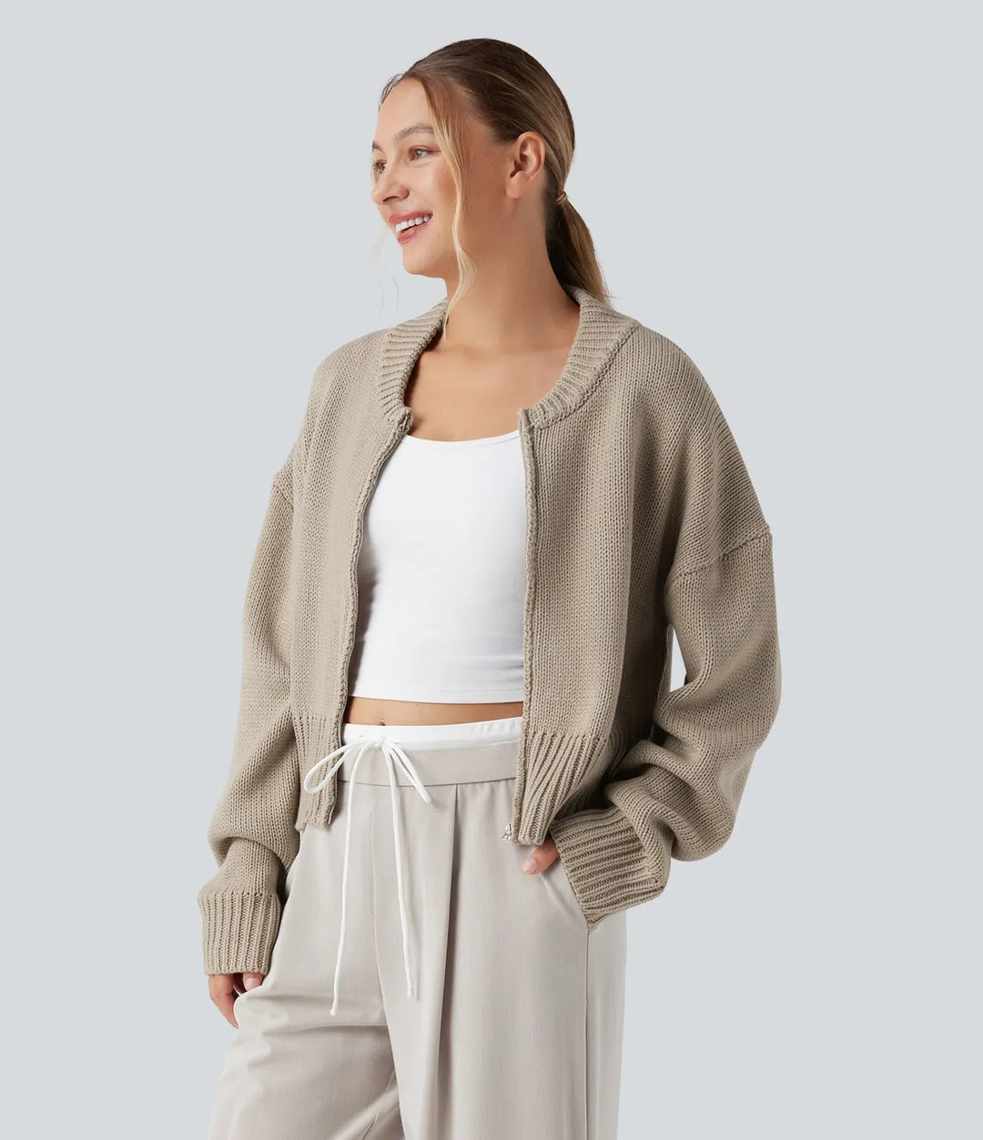 Långärmad dragkedjegylf vardaglig bomber cardigan