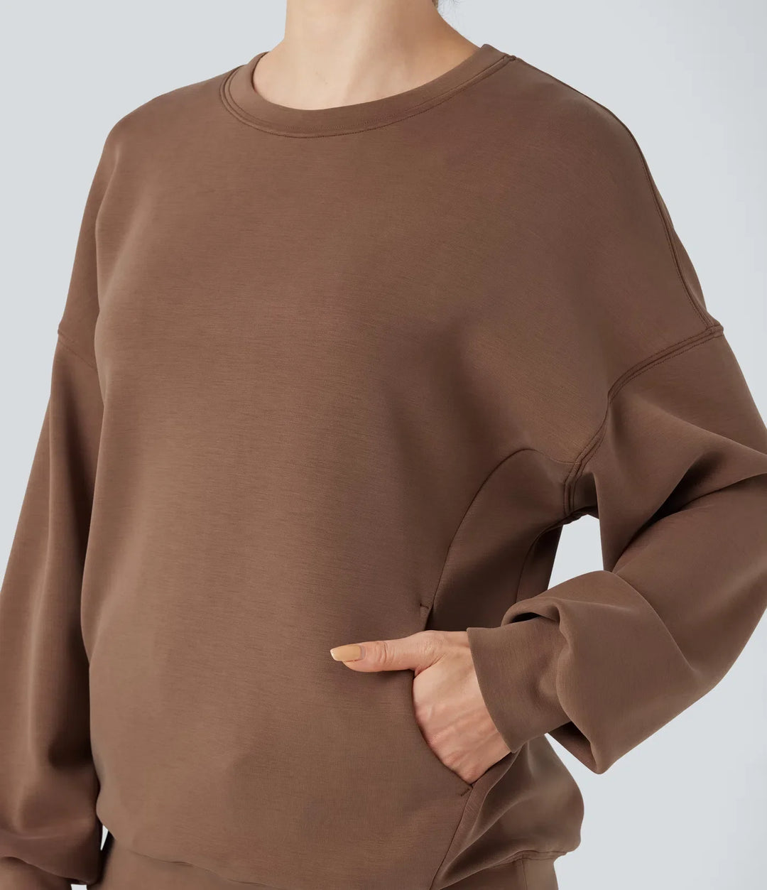 SpacerTek rund hals långärmad crossover rygg vardaglig sweatshirt med fickor
