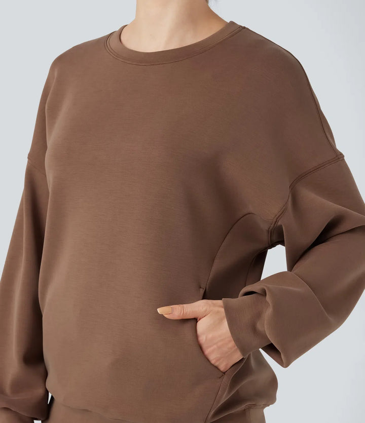 SpacerTek rund hals långärmad crossover rygg vardaglig sweatshirt med fickor