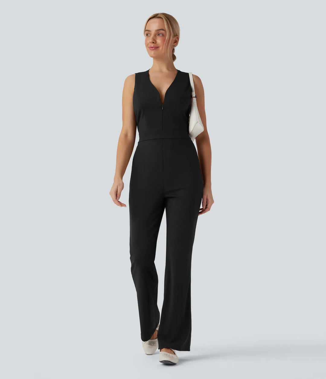 V-ringad ärmlös vardaglig bootcut jumpsuit med fickor-Easy Peezy Edition