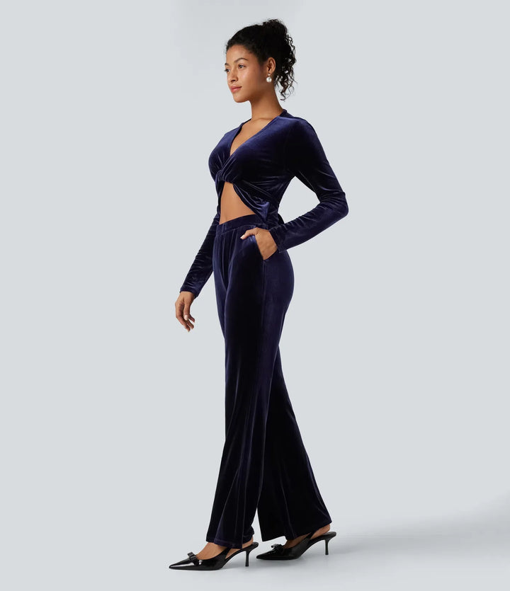 Djup V-ringning långärmad vriden knytning i ryggen sammet fest jumpsuit med fickor-Easy Peezy