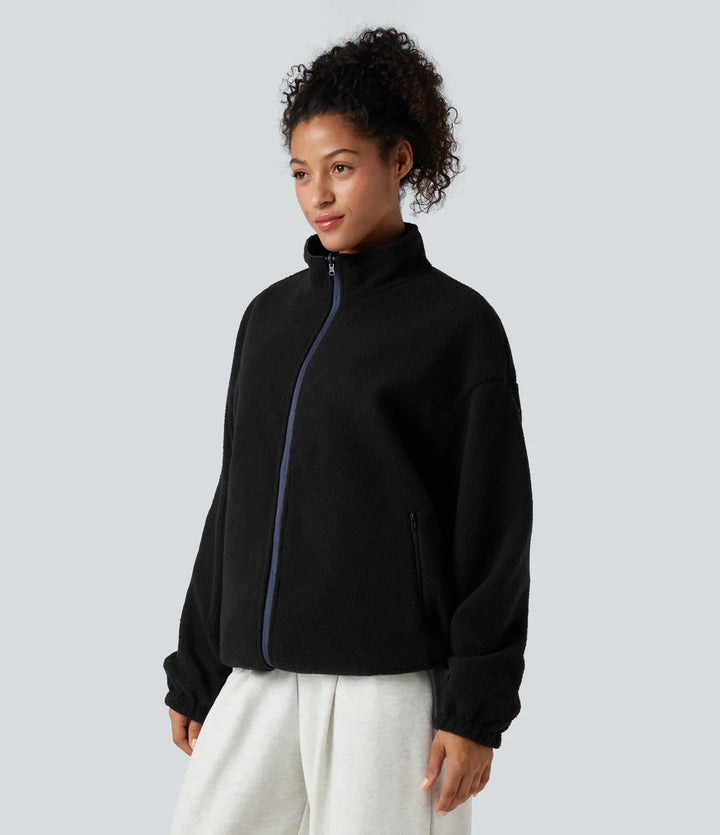 Vändbar hög hals långärmad dragkedja fleece vandringsjacka med fickor (två looks i en)